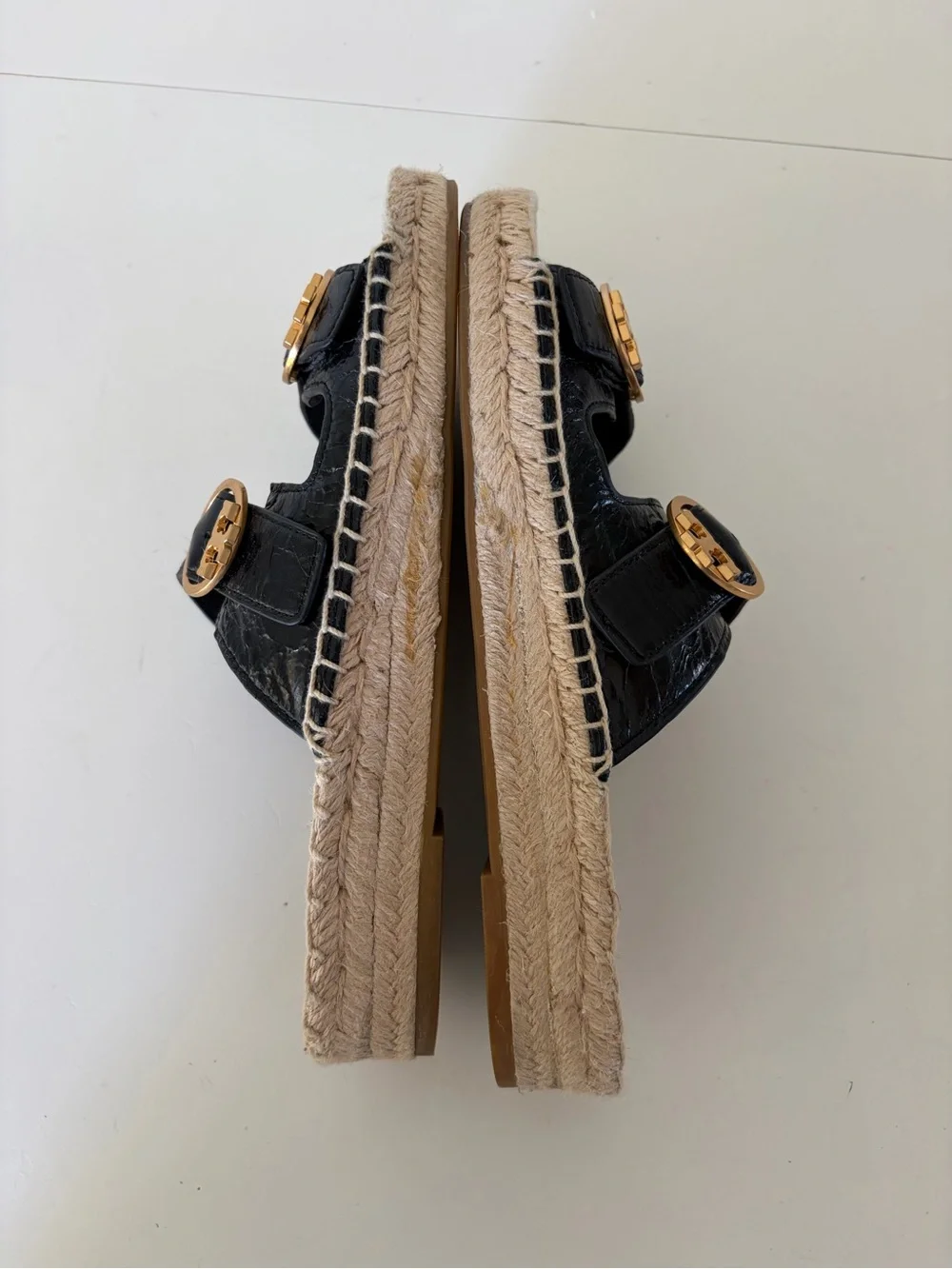 Tory Burch Selby Black Patent Leather & Jute Double Buckle Slide Sandals Size 8‎